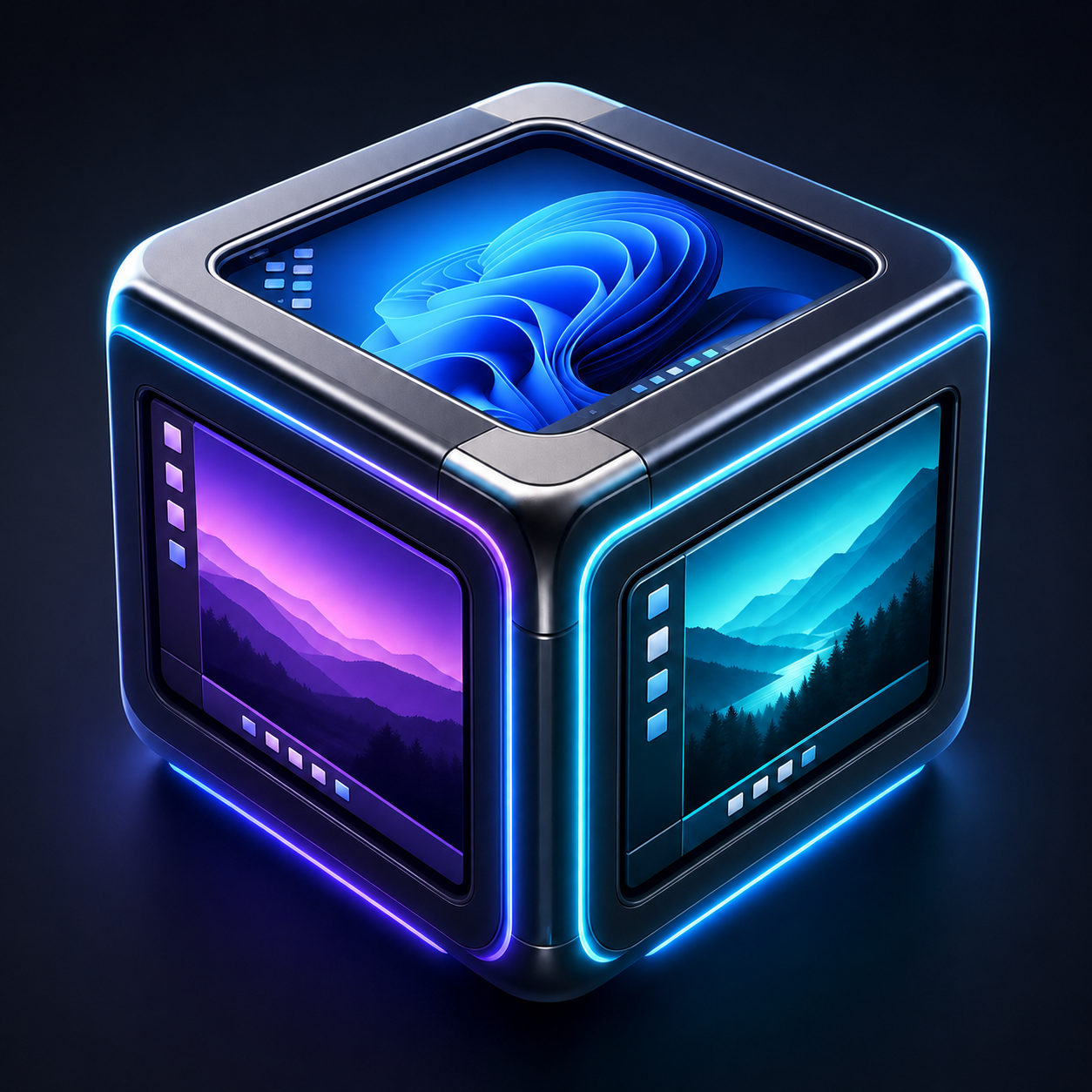 A stylized glowing desktop cube