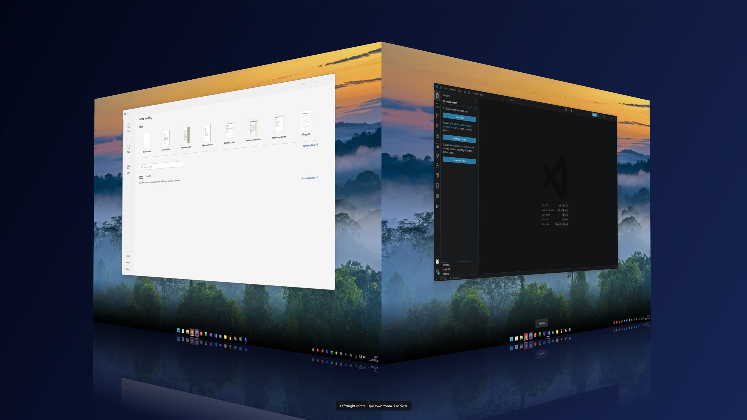 3DeskCube showing Microsoft Word and Visual Studio Code on two faces