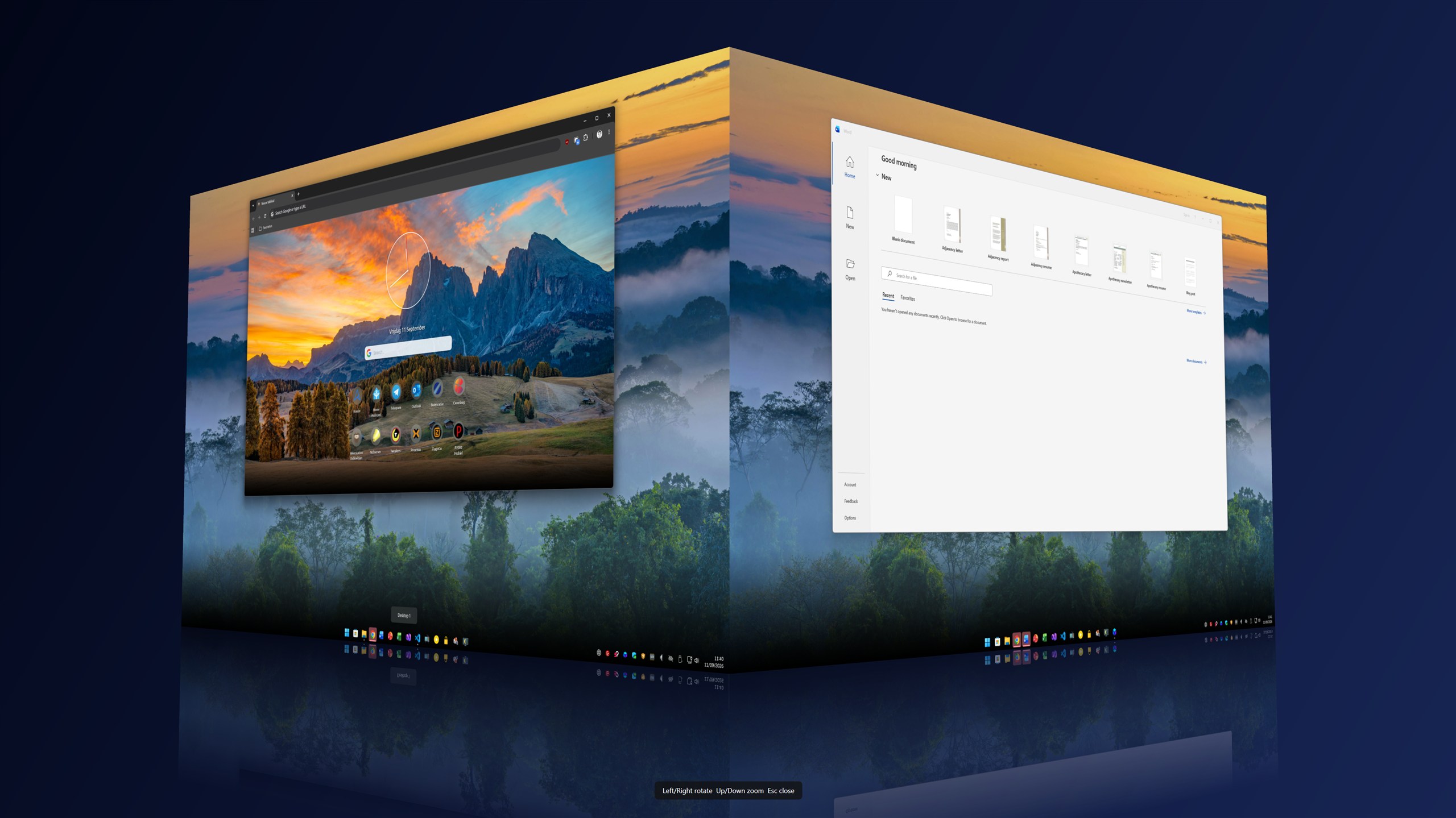 3DeskCube showing a browser and Microsoft Word on adjacent desktop faces