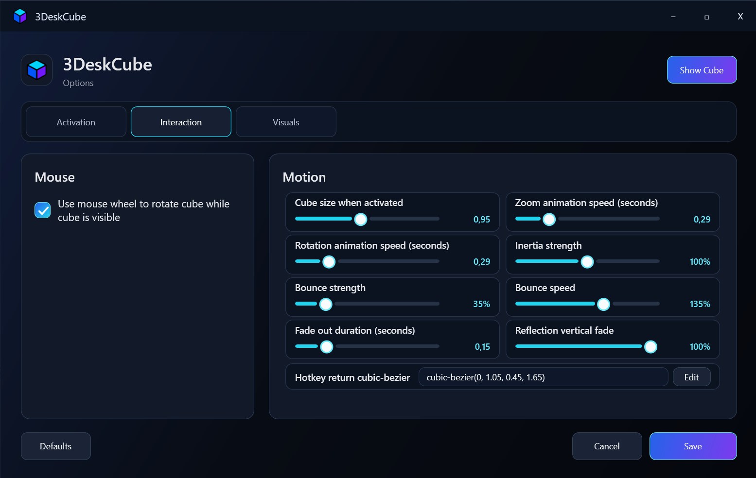 3DeskCube interaction and motion settings