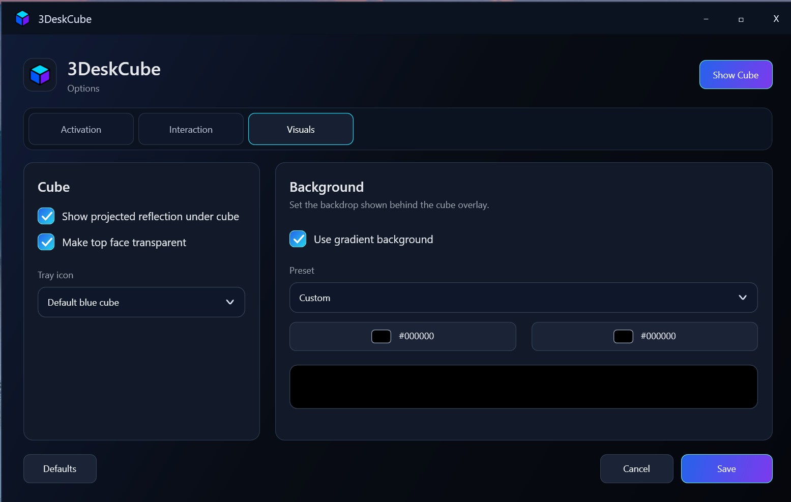 3DeskCube visual appearance settings
